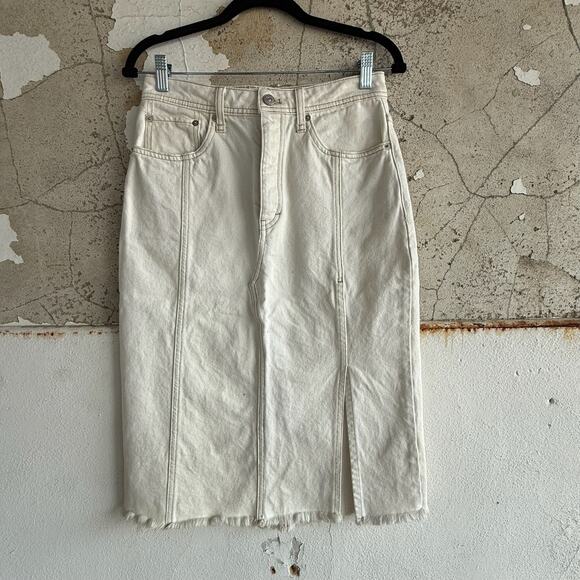 Free People Denim Skirt Size 27 We the Free Cream Cotton Midi Pencil Raw Hem - Picture 1 of 7